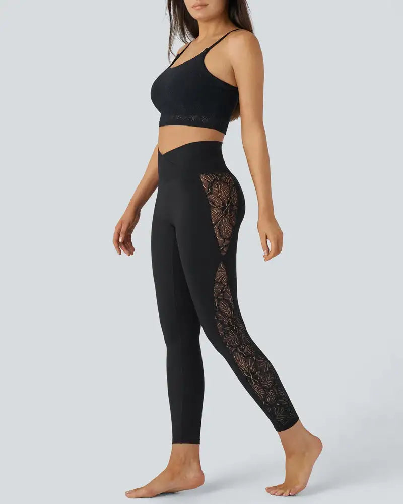 High-Waist Crossover Lace Panel Butt-Lift Leggings Veil - Photo 9