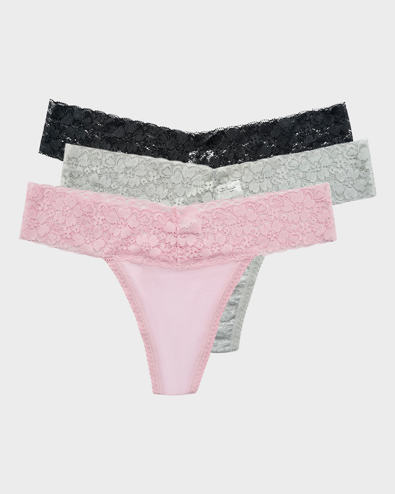 Seamless Lace Low-Rise Thong Panties 3-Pack - Photo 1