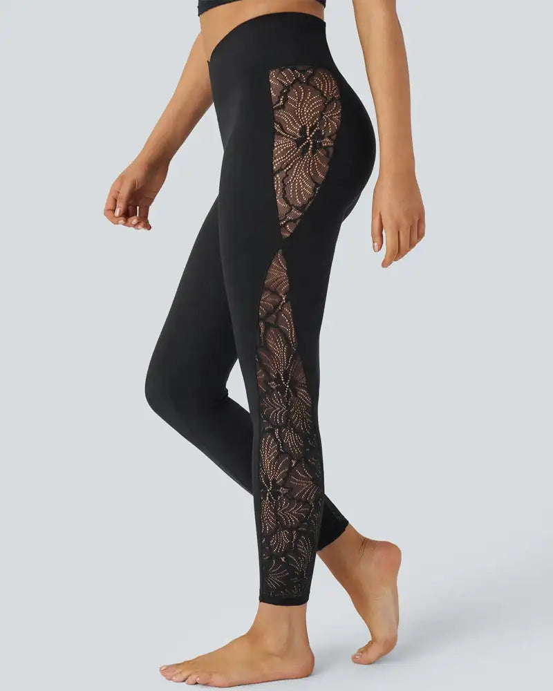 High-Waist Crossover Lace Panel Butt-Lift Leggings Veil - Photo 1